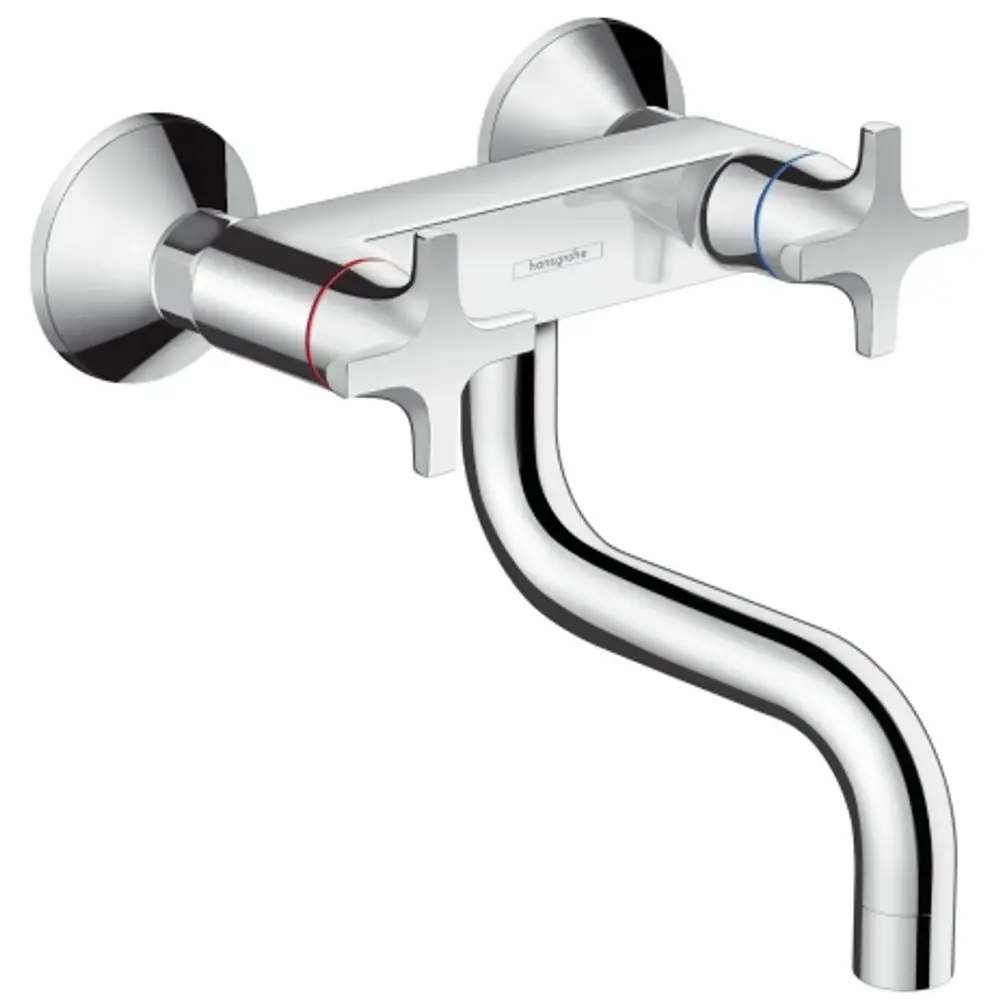 Wandmontierte Spültischarmatur von Hansgrohe mit zwei Kreuzgriffen für Warm- und Kaltwasser, verchromte Oberfläche und geschwungener Auslauf.